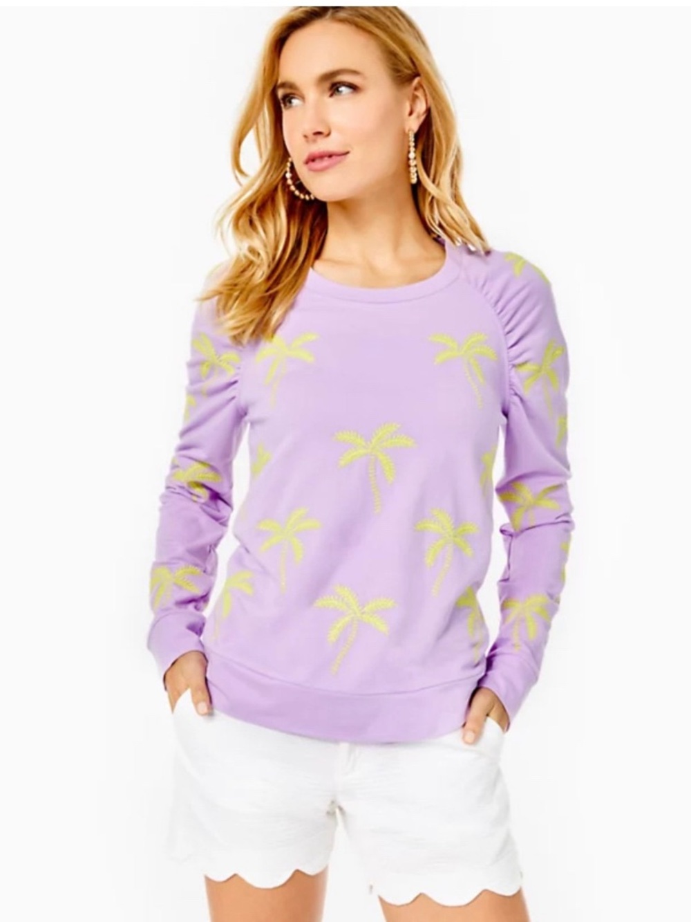Lilly Pulitzer Aldean Embroidered Palm Tree Sweatshirt Purple Neon XL Cotton
